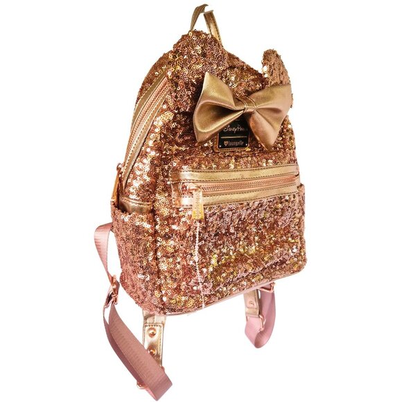 DISNEY PARKS Minnie Mouse Rose Gold Sequin Mini Backpack LOUNGEFLY - Picture 2 of 13
